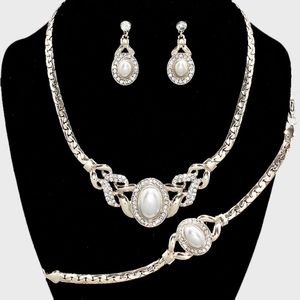 Silver 3 Piece Pearl Crystal Necklace Jewelry Set Fashion Statement Accessories